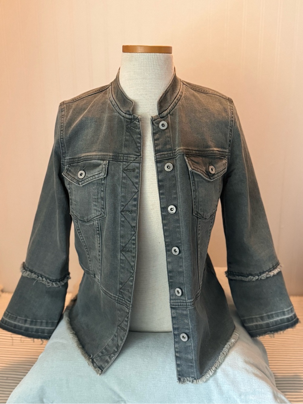 Women’s Washed Gray Blue Collarless Denim Jacket Blazer